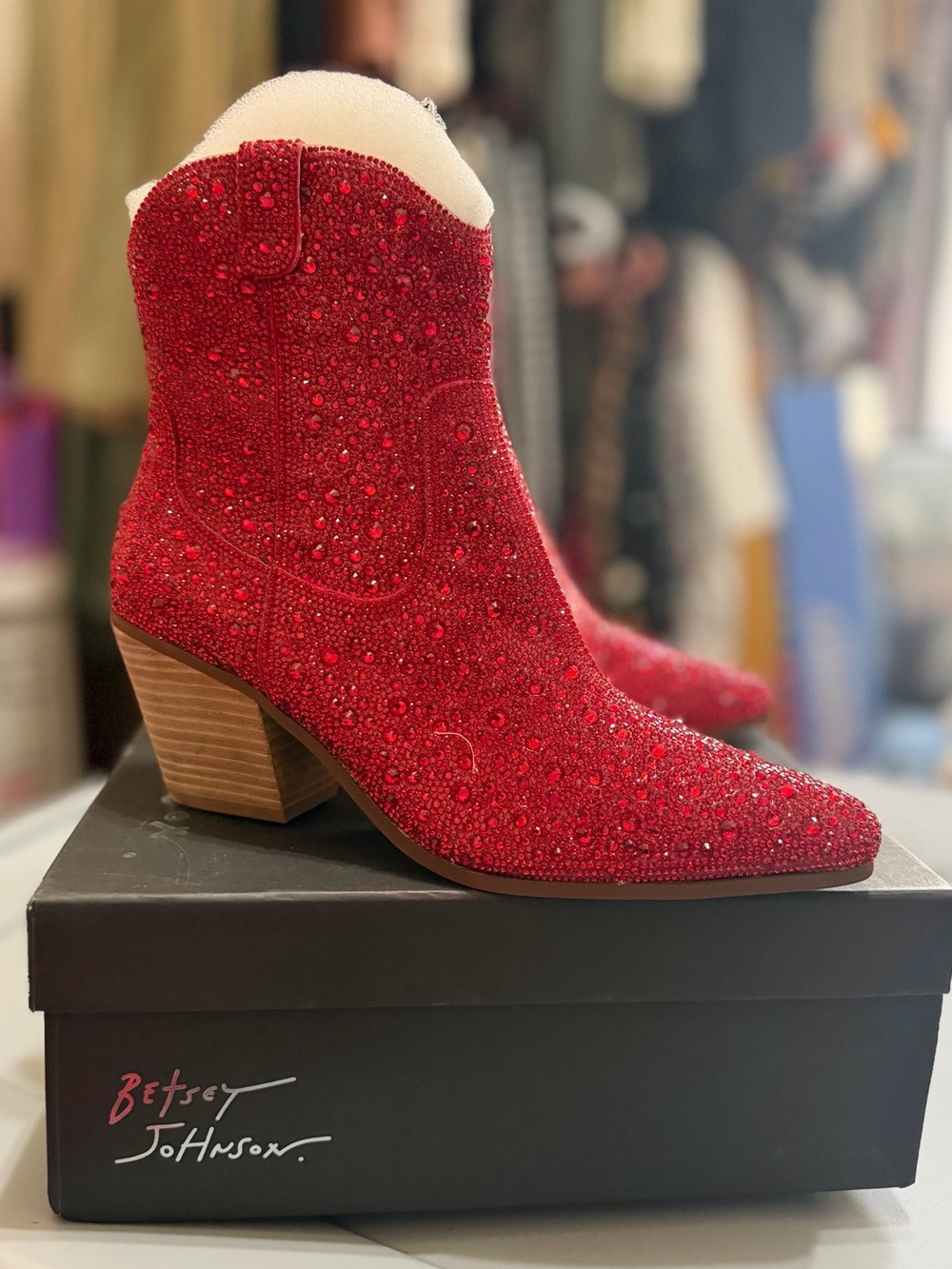 Betsey Johnson Red Rhinestone Crystal Embellished Western Booties NWT